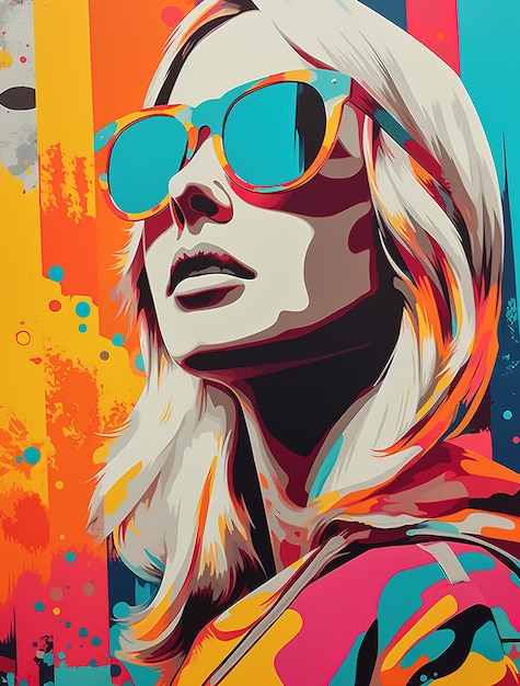 Una pintura de una mujer con gafas de sol en la cabeza.