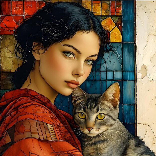 una pintura de una mujer con un gato al lado de una ventana