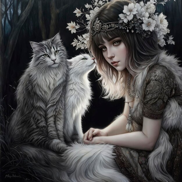 Foto una pintura de una mujer y un gato con un gato blanco