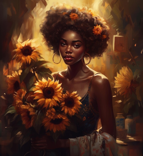 Una pintura de una mujer con girasoles en la cabeza.