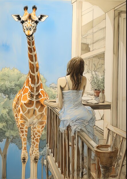 Foto una pintura de una mujer y una jirafa en un balcón con una ventana que dice jirafa