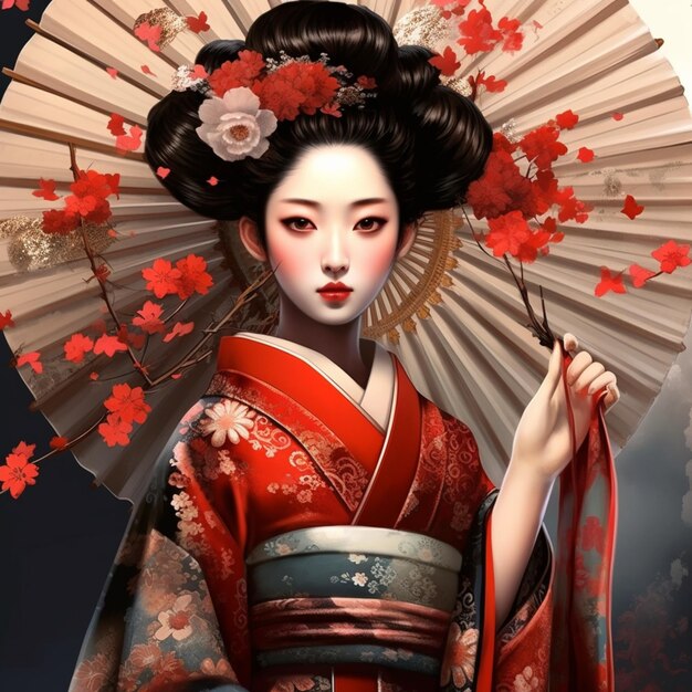 Foto pintura de una mujer en un kimono con un abanico y flores generativo ai