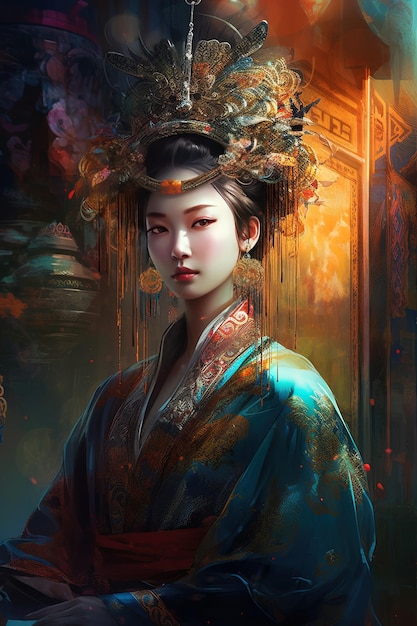 una pintura de una mujer con un kimono azul en la cabeza