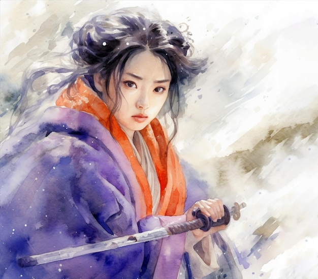 Una pintura de una mujer en un kimono con una espada.