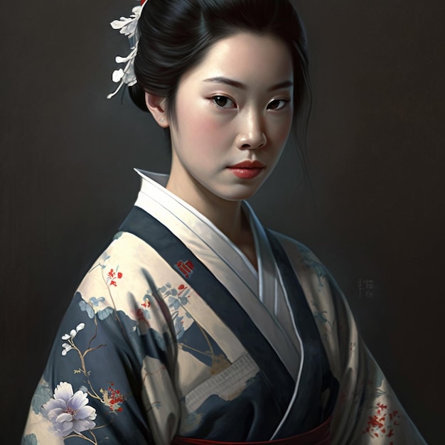 pintura de una mujer en un kimono con una flor en su cabello generativa ai