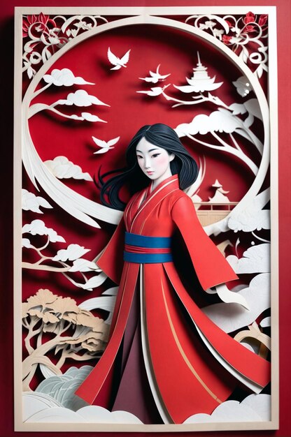 una pintura de una mujer en un kimono con un kimono rojo en él