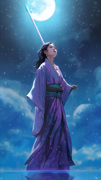 Una pintura de una mujer en un kimono morado con una estrella blanca en la cabeza.