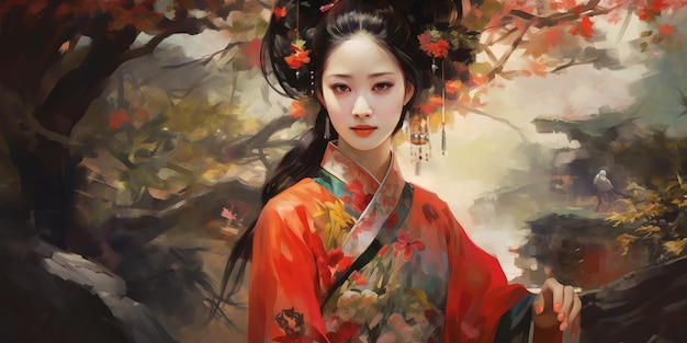 Una pintura de una mujer en un kimono rojo