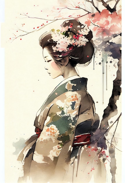 Una pintura de una mujer en un kimono