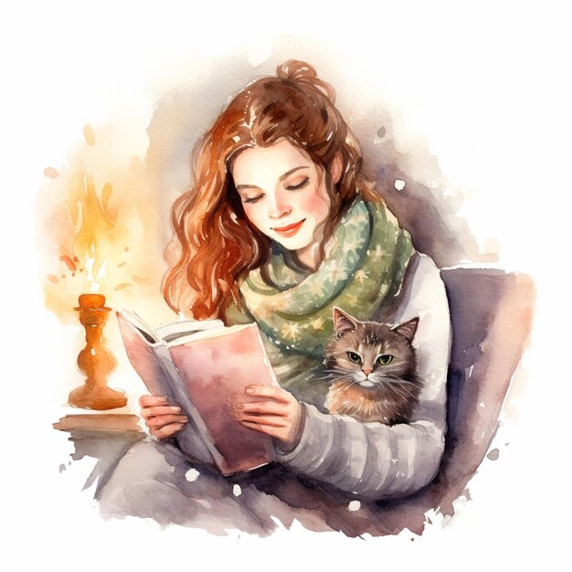 Pintura de una mujer leyendo un libro con un gato sentado en su regazo