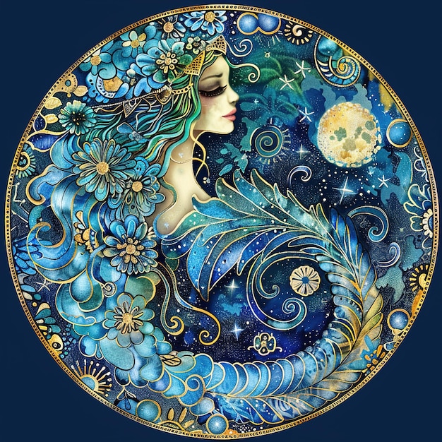una pintura de una mujer con una luna azul y la luna en el fondo