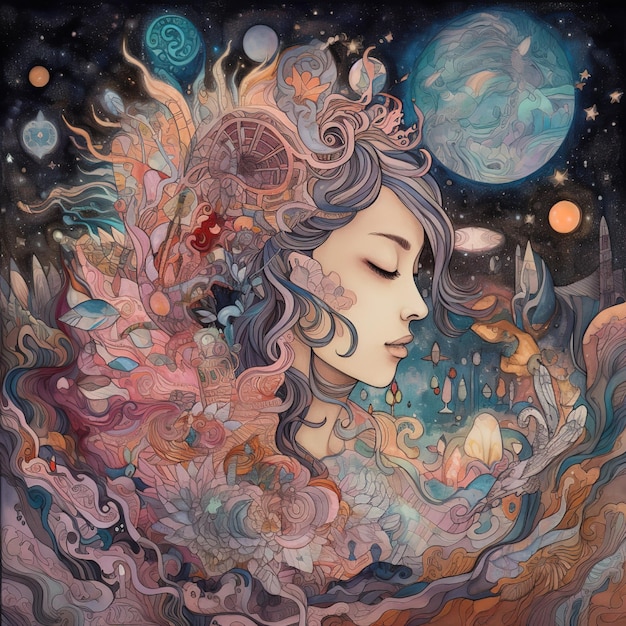 Una pintura de una mujer con una luna y estrellas en la cabeza.