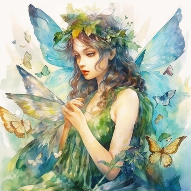 Una pintura de una mujer con una mariposa en la mano generativa ai