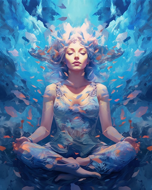 Una pintura de una mujer meditando con peces de colores en el pelo.