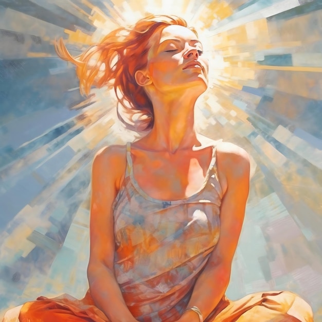 Foto una pintura de una mujer meditando bajo el sol.