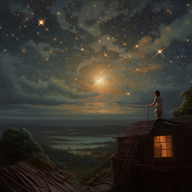 Una pintura de una mujer mirando las estrellas en una colina.