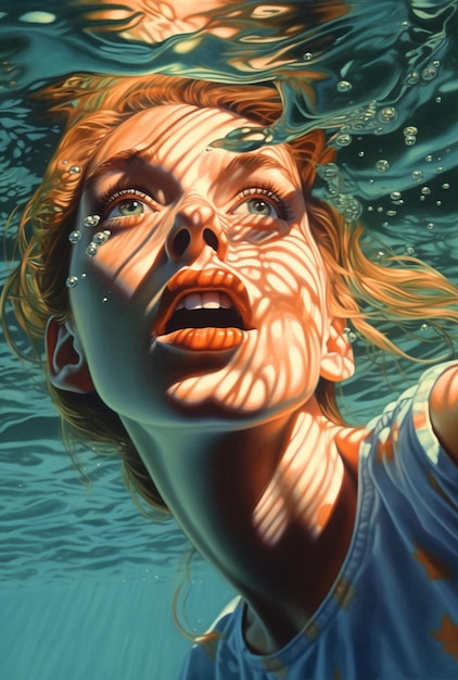 Una pintura de una mujer nadando en el agua con las palabras "el fondo" en el fondo.