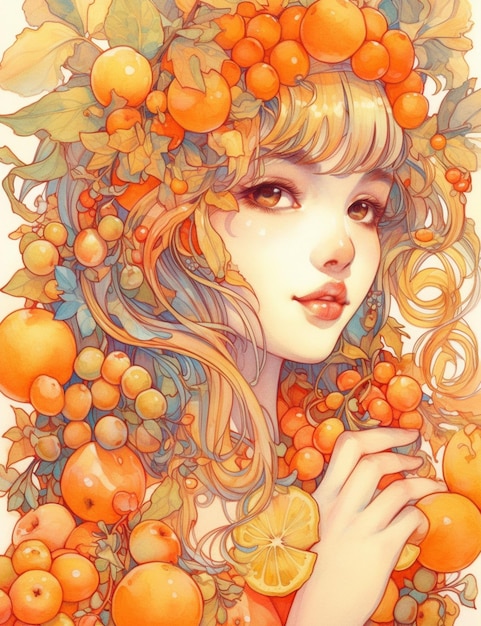 Una pintura de una mujer con naranjas y hojas en la cabeza.