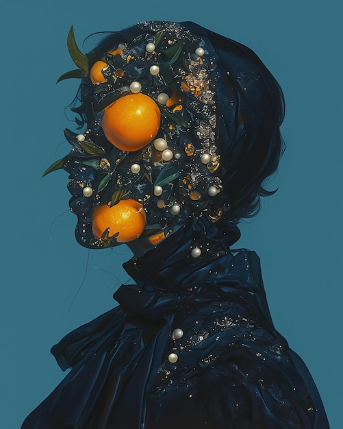 una pintura de una mujer con naranjas y hojas en ella