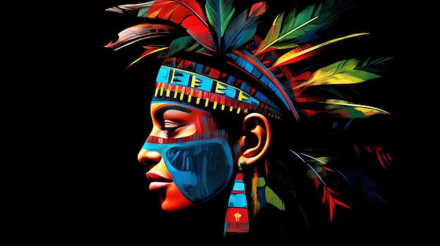 Una pintura de una mujer nativa americana con un tocado de plumas.