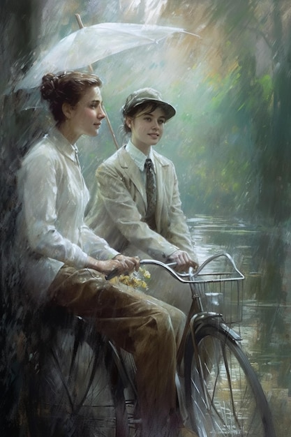 Una pintura de una mujer y un niño en bicicleta.
