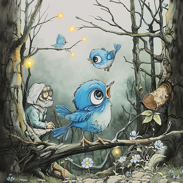 una pintura de una mujer y un niño con un pájaro azul en el medio del bosque