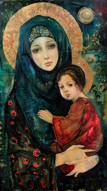 una pintura de una mujer y un niño con la palabra madre en ella
