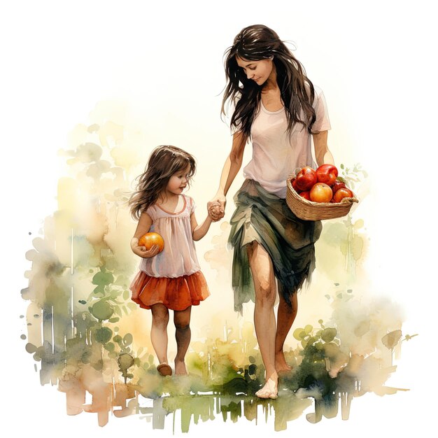 una pintura de una mujer y un niño sosteniendo manzanas.