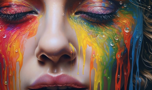 Una pintura de una mujer con ojos de arcoíris.