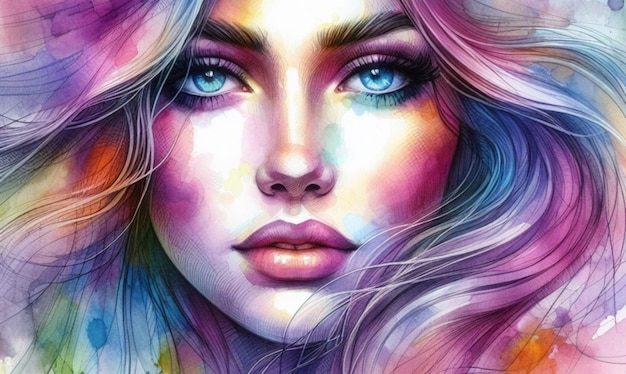 Foto una pintura de una mujer con ojos azules y cabello rosa