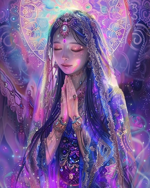 una pintura de una mujer con los ojos cerrados y la palabra dios está en la parte inferior