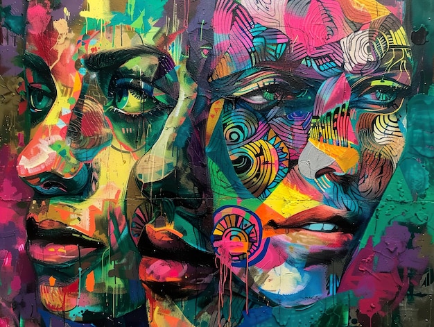 una pintura de una mujer con ojos coloridos y una cara colorida