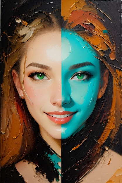 Una pintura de una mujer con ojos verdes y ojos azules.