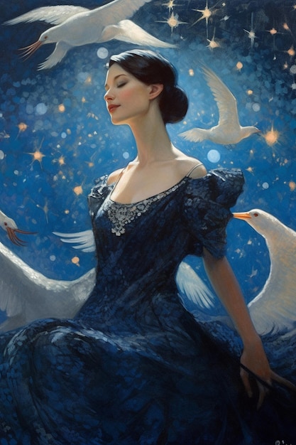 Una pintura de una mujer con pájaros blancos sobre sus hombros.