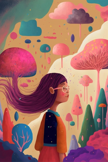 Pintura de una mujer parada frente a un bosque generativo ai