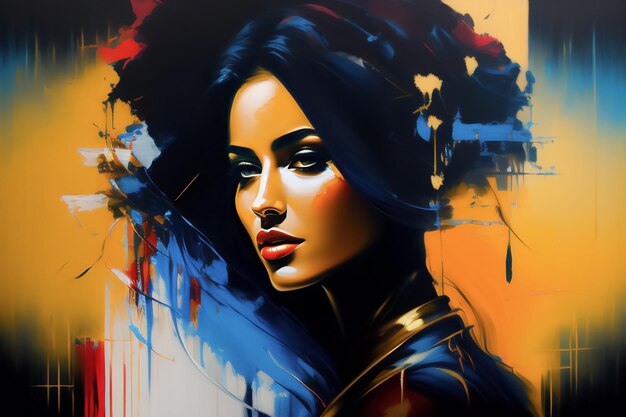 Una pintura de una mujer con el pelo azul y un fondo rojo y amarillo.