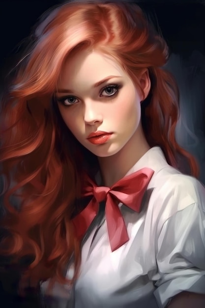 Una pintura de una mujer con el pelo rojo y una camisa blanca.