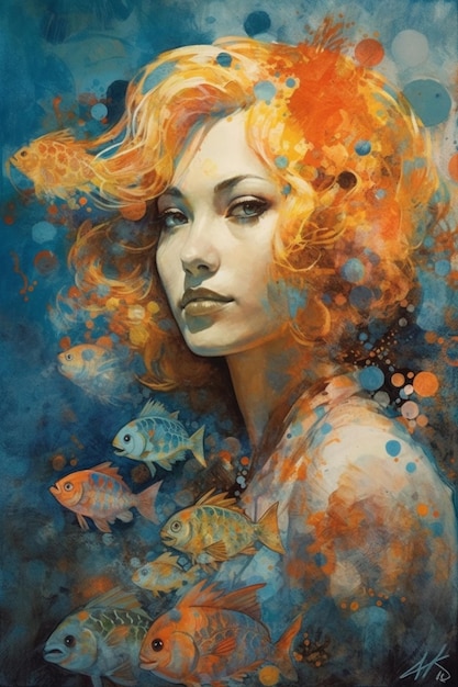 Una pintura de una mujer con un pez en la cabeza.