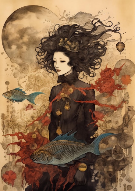 Una pintura de una mujer con un pez en él mystic atc cards