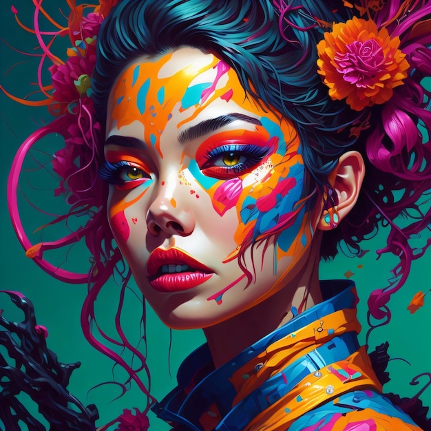 Una pintura de una mujer con pintura de colores en la cara