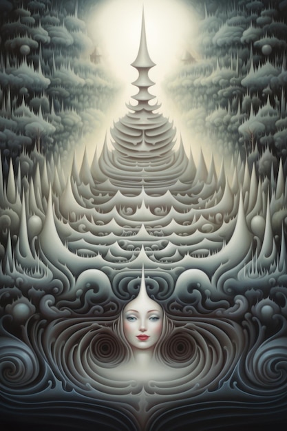 Una pintura de una mujer rodeada de árboles ai