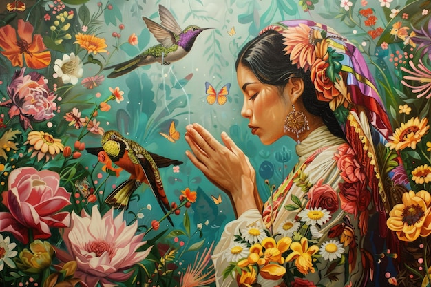 Una pintura de una mujer rodeada de flores y pájaros