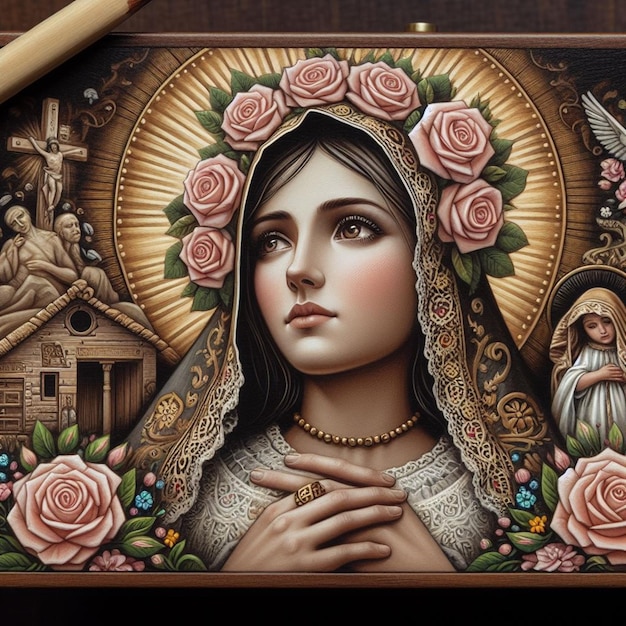 una pintura de una mujer con rosas en la cabeza