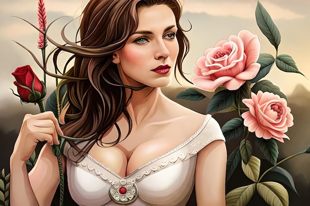 Una pintura de una mujer con rosas en la mano.