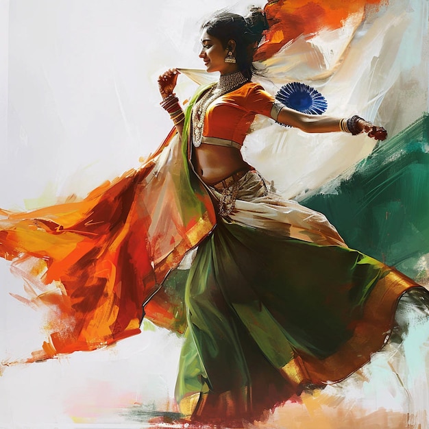 Foto pintura de una mujer con un sari sosteniendo un abanico y un abanico generativo ai