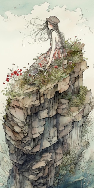 Una pintura de una mujer sentada en un acantilado con una montaña al fondo.