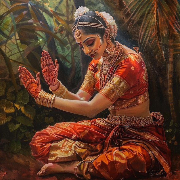 una pintura de una mujer sentada en la jungla