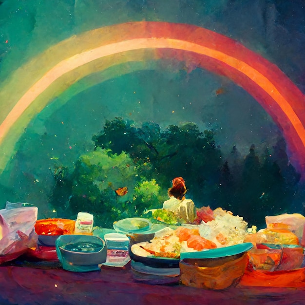 pintura de una mujer sentada en una mesa con un arco iris en el fondo generativo ai