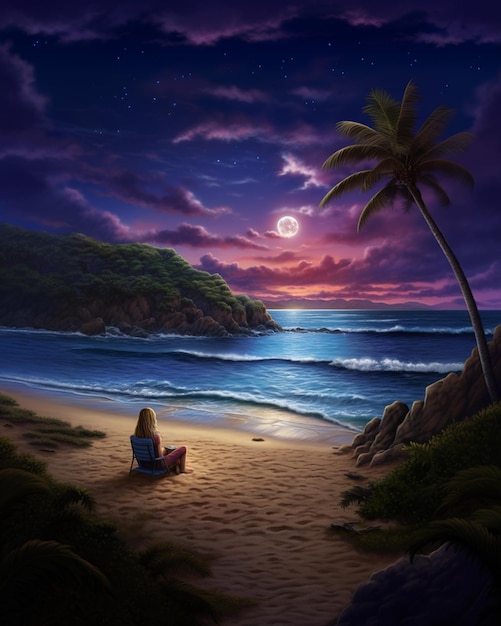 pintura de una mujer sentada en una playa bajo una luna llena generativa ai