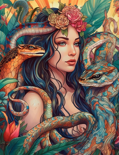 Una pintura de una mujer con serpientes en la cabeza.